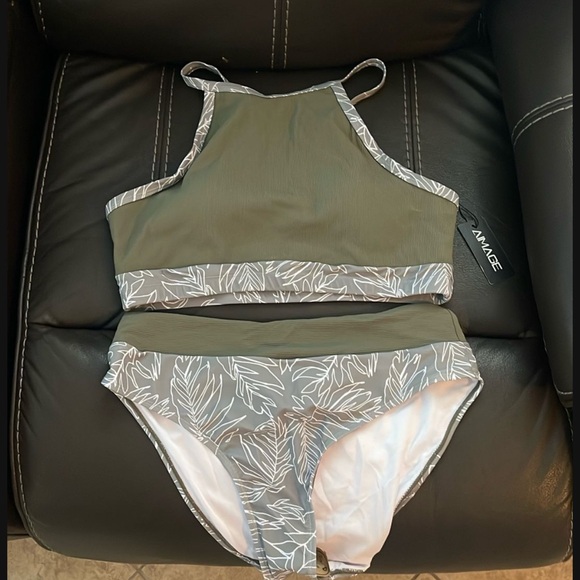 Olive and White Leaf Print Bikini Set - Picture 1 of 2